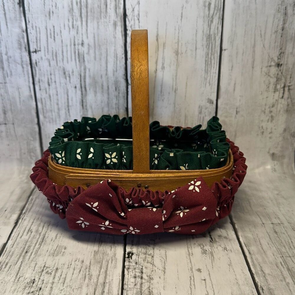 1999 Longaberger Handwoven Single Handle 6”Basket Green Liner Protector Garter